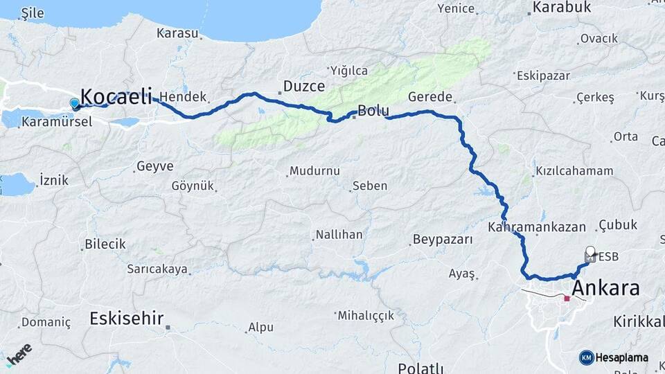 Kocaeli Esenboğa Havalimanı Arası Kaç Km - Yol Haritası