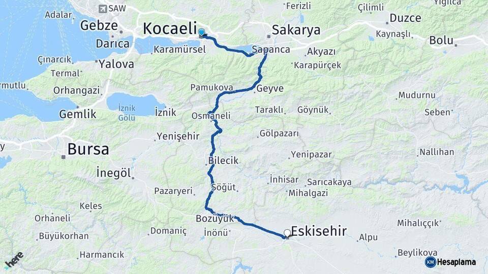 Kocaeli Eskişehir Arası Kaç Km - Yol Haritası
