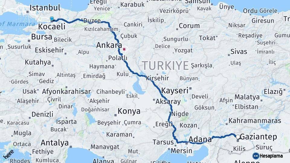 Kocaeli Gaziantep Arası Kaç Km - Yol Haritası