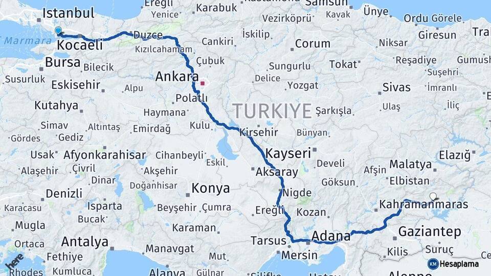 Kocaeli Gebze Adıyaman Arası Kaç Km - Yol Haritası