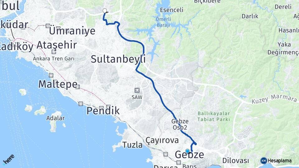 Kocaeli Gebze Alemdağ Çekmeköy İstanbul Arası Kaç Km - Yol Haritası