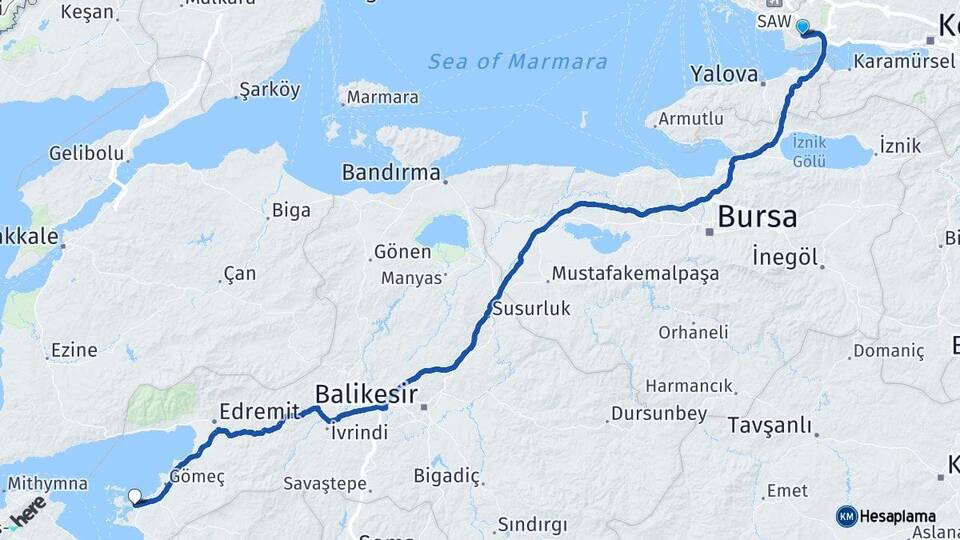 Kocaeli Gebze Ayvalık Balıkesir Arası Kaç Km - Yol Haritası