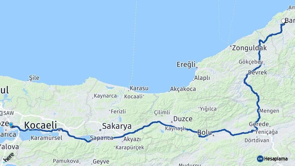 Kocaeli Gebze Bartın Arası Kaç Km - Yol Haritası