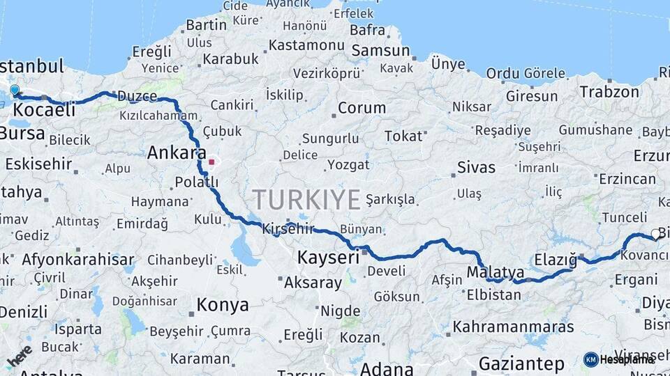 Kocaeli Gebze Bingöl Arası Kaç Km - Yol Haritası