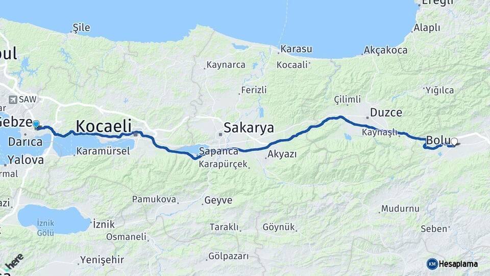 Kocaeli Gebze Bolu Arası Kaç Km - Yol Haritası
