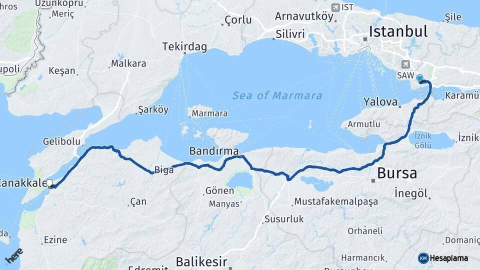 Kocaeli Gebze Çanakkale Arası Kaç Km - Yol Haritası
