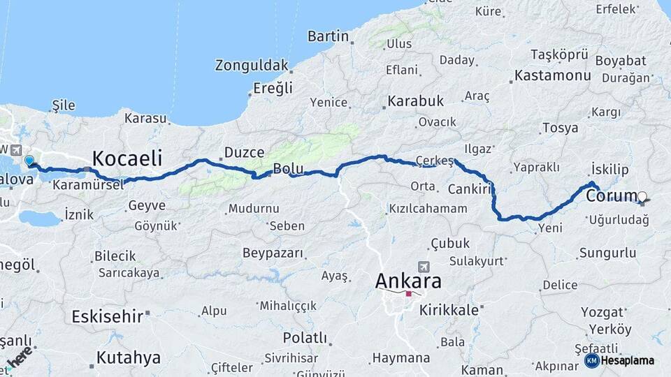 Kocaeli Gebze Çorum Arası Kaç Km - Yol Haritası