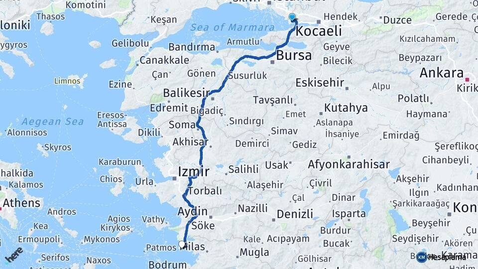 Kocaeli Gebze Didim Aydın Arası Kaç Km - Yol Haritası
