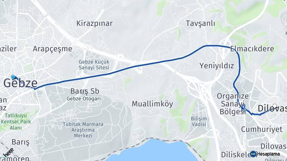 Kocaeli Gebze Dilovası Arası Kaç Km - Yol Haritası