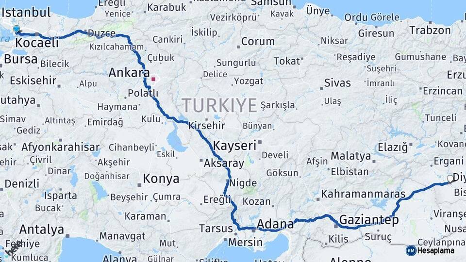 Kocaeli Gebze Diyarbakır Arası Kaç Km - Yol Haritası
