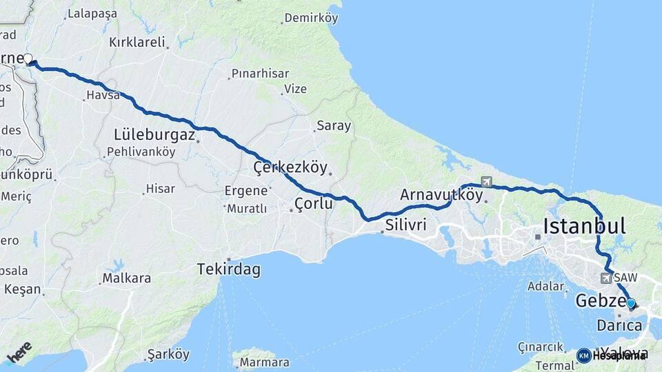 Kocaeli Gebze Edirne Arası Kaç Km - Yol Haritası