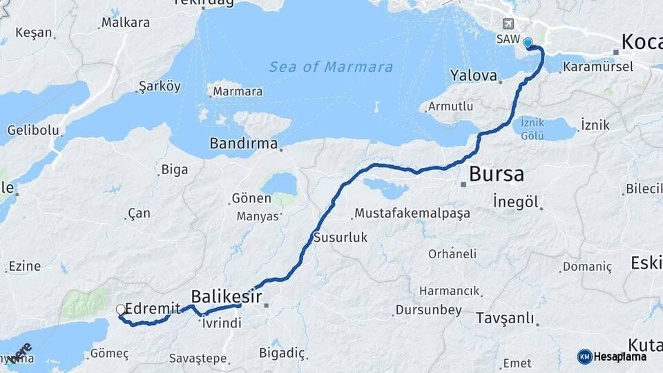 Kocaeli Gebze Edremit Balıkesir Arası Kaç Km - Yol Haritası
