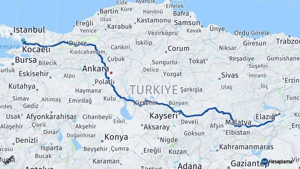 Kocaeli Gebze Elazığ Arası Kaç Km - Yol Haritası