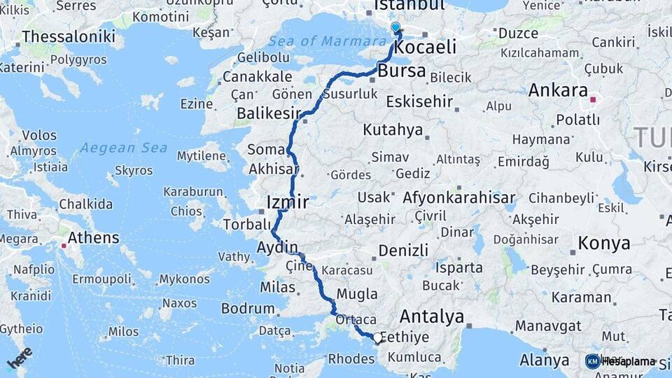 Kocaeli Gebze Fethiye Muğla Arası Kaç Km - Yol Haritası