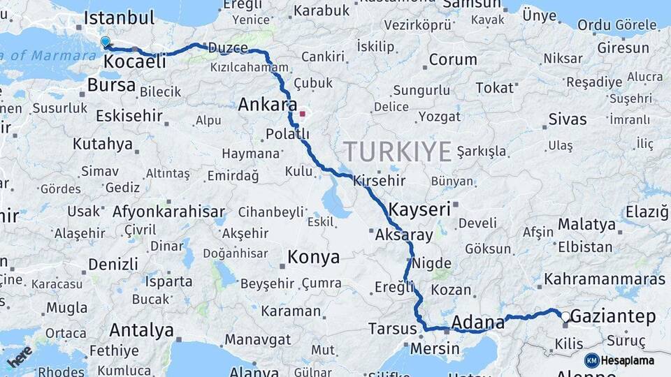 Kocaeli Gebze Gaziantep Arası Kaç Km - Yol Haritası