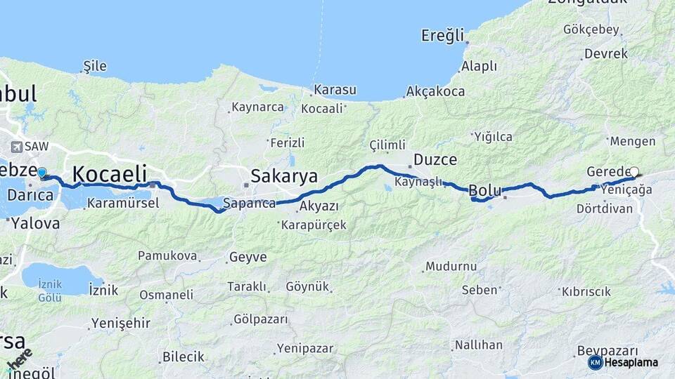Kocaeli Gebze Gerede Bolu Arası Kaç Km - Yol Haritası