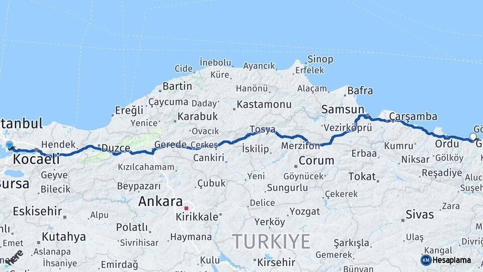 Kocaeli Gebze Giresun Arası Kaç Km - Yol Haritası
