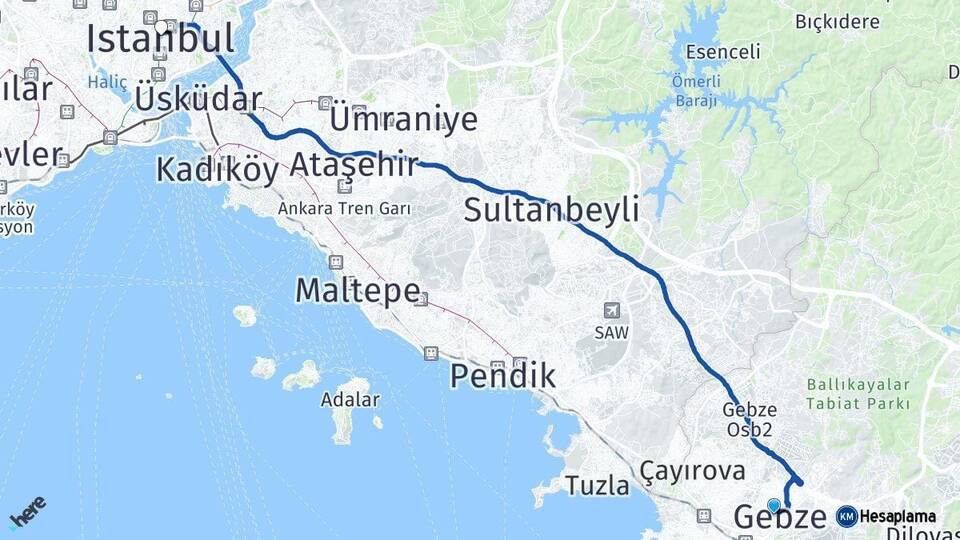 Kocaeli Gebze İstanbul Arası Kaç Km - Yol Haritası