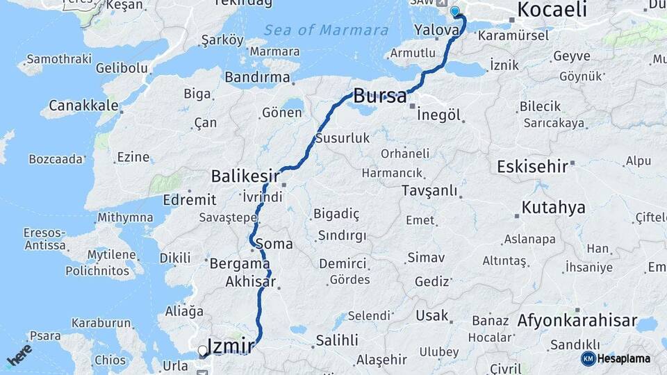 Kocaeli Gebze İzmir Arası Kaç Km - Yol Haritası