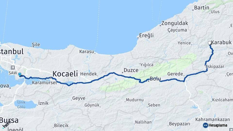Kocaeli Gebze Karabük Arası Kaç Km - Yol Haritası