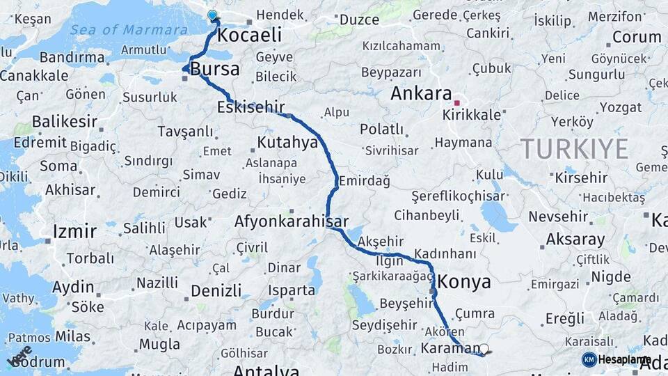 Kocaeli Gebze Karaman Arası Kaç Km - Yol Haritası