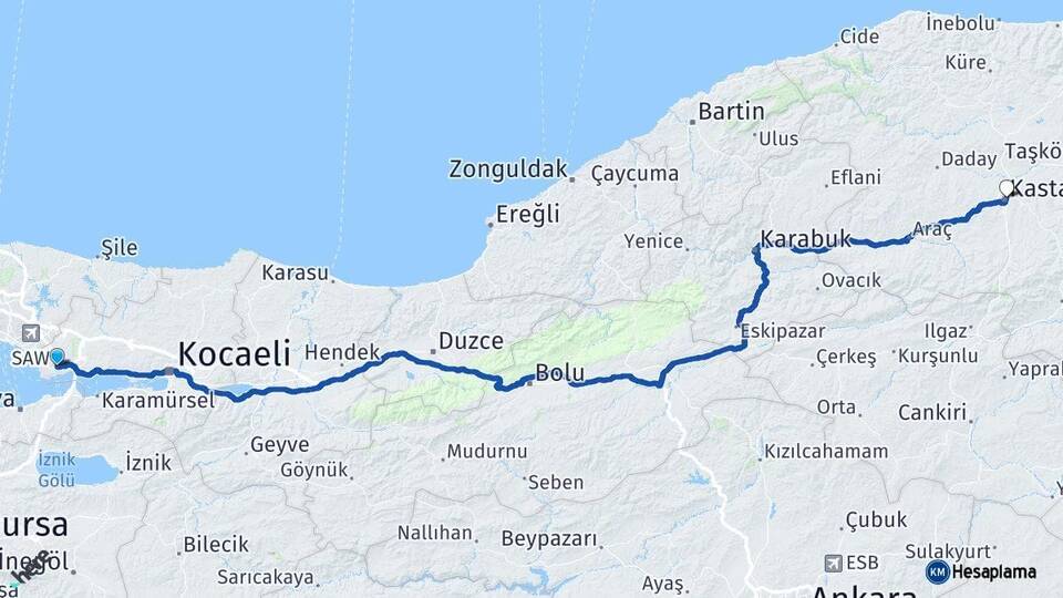 Kocaeli Gebze Kastamonu Arası Kaç Km - Yol Haritası