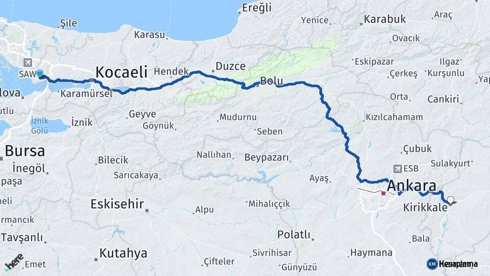 Kocaeli Gebze Kırıkkale Arası Kaç Km - Yol Haritası