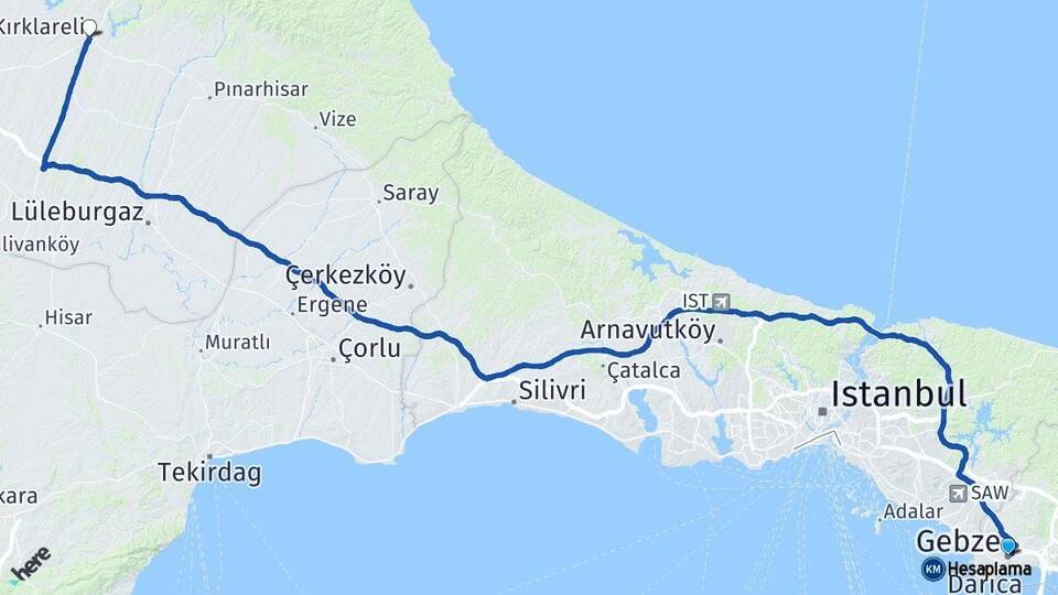 Kocaeli Gebze Kırklareli Arası Kaç Km - Yol Haritası