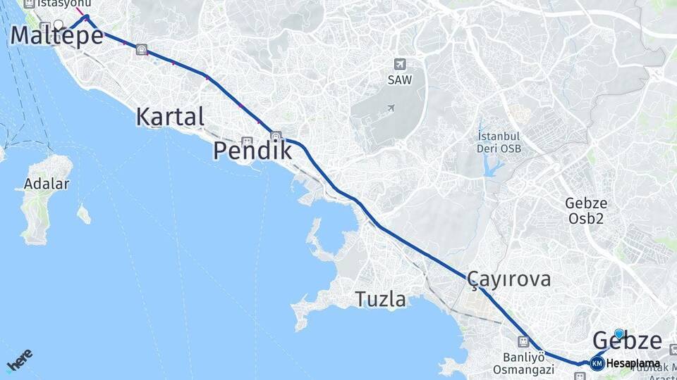 Kocaeli Gebze Maltepe İstanbul Arası Kaç Km - Yol Haritası