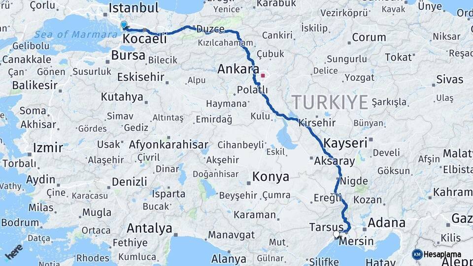 Kocaeli Gebze Mersin Arası Kaç Km - Yol Haritası