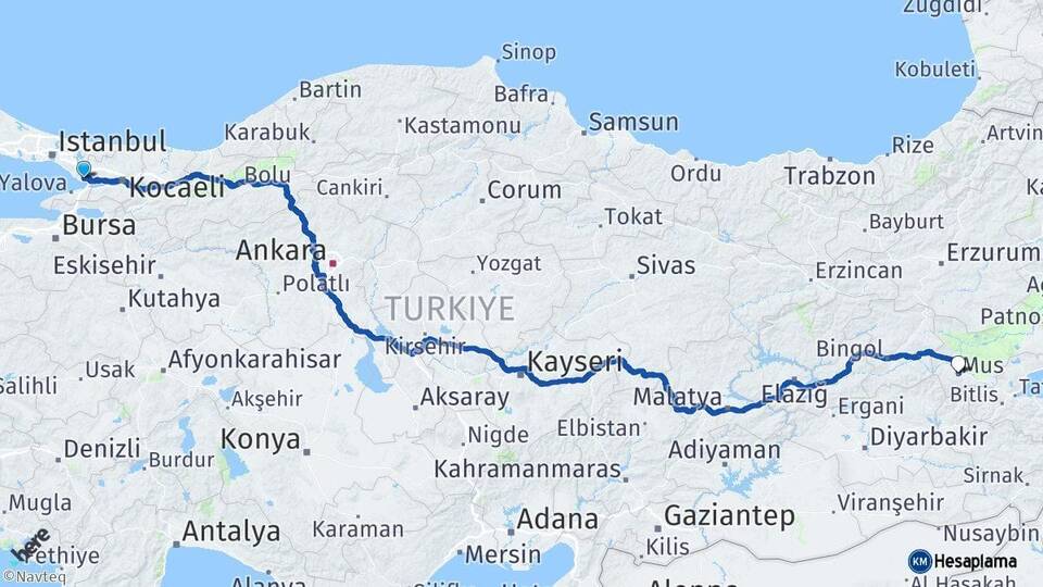 Kocaeli Gebze Muş Arası Kaç Km - Yol Haritası