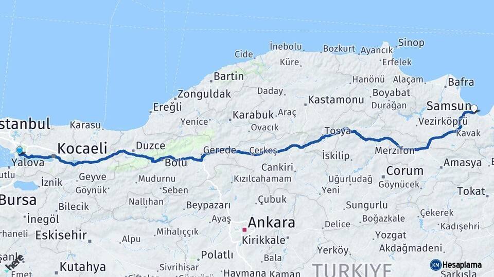 Kocaeli Gebze Samsun Arası Kaç Km - Yol Haritası