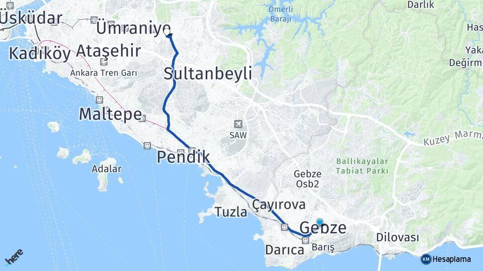 Kocaeli Gebze Sarıgazi Sancaktepe İstanbul Arası Kaç Km - Yol Haritası