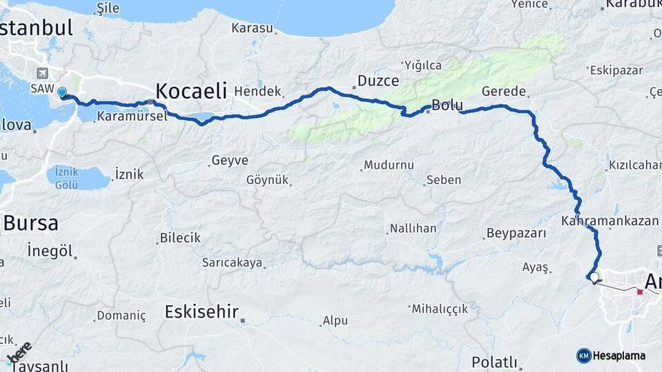 Kocaeli Gebze Sincan Ankara Arası Kaç Km - Yol Haritası