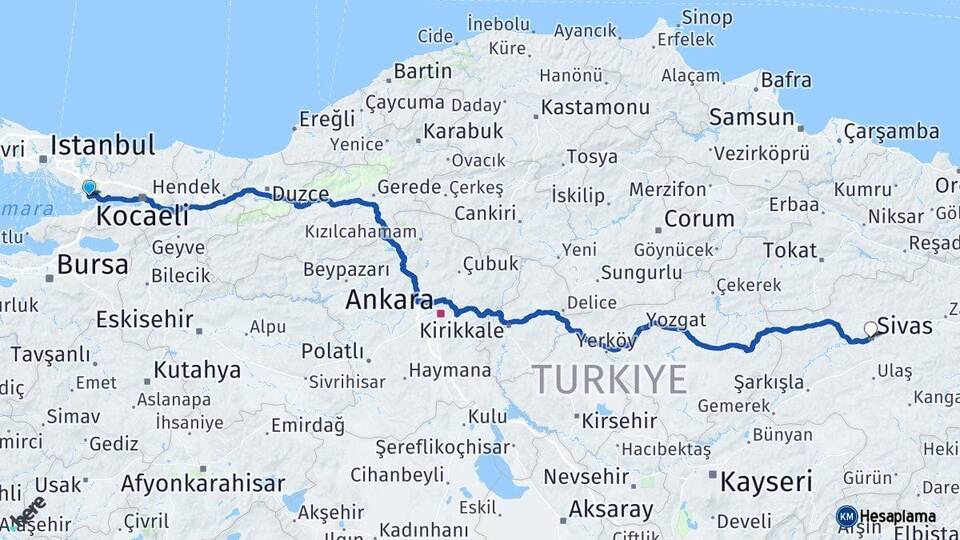 Kocaeli Gebze Sivas Arası Kaç Km - Yol Haritası