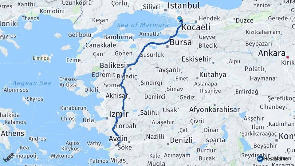 Kocaeli Gebze Söke Aydın Arası Kaç Km - Yol Haritası