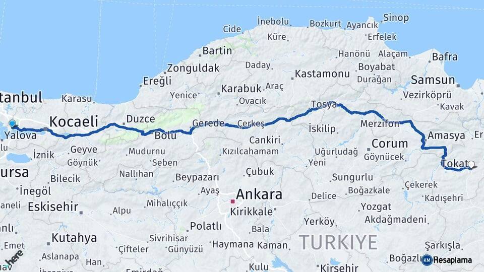 Kocaeli Gebze Tokat Arası Kaç Km - Yol Haritası