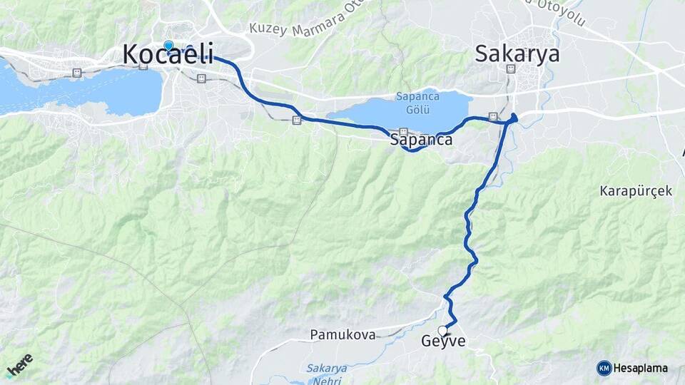 Kocaeli Geyve Sakarya Arası Kaç Km - Yol Haritası