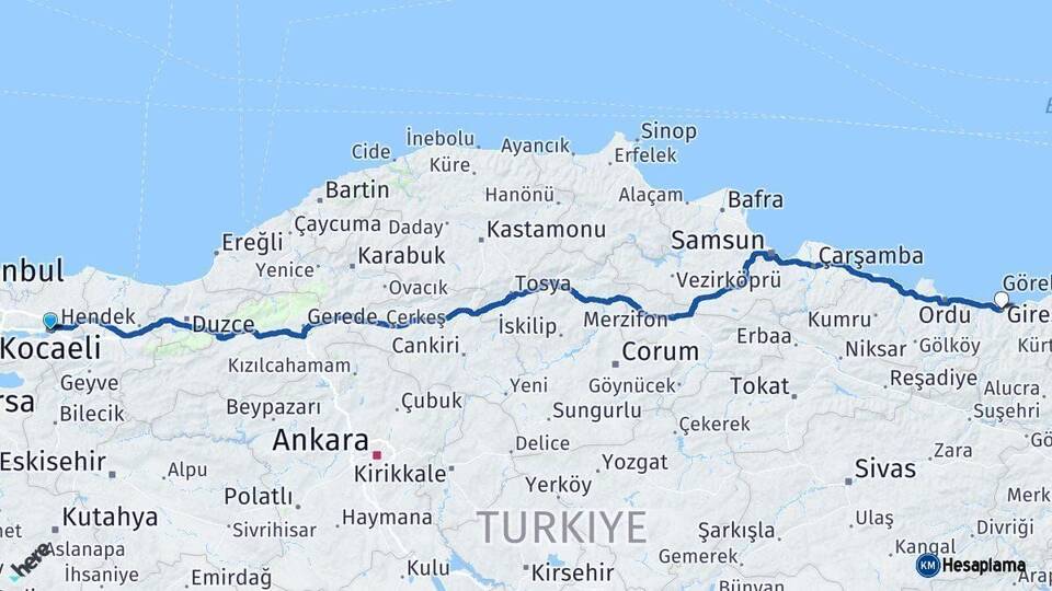 Kocaeli Giresun Arası Kaç Km - Yol Haritası