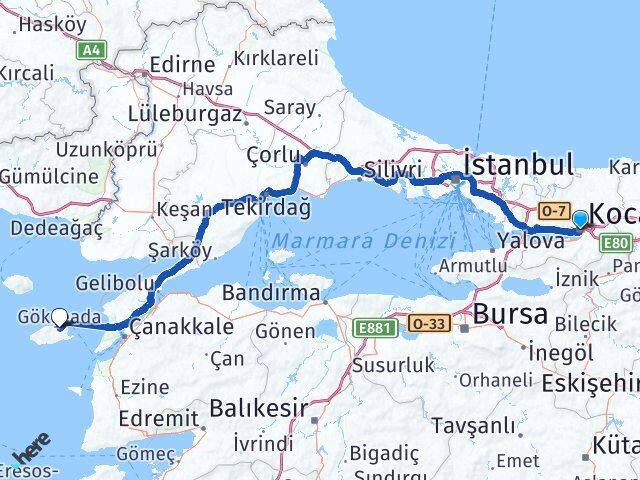 Kocaeli Gökçeada Çanakkale Arası Kaç Km - Yol Haritası