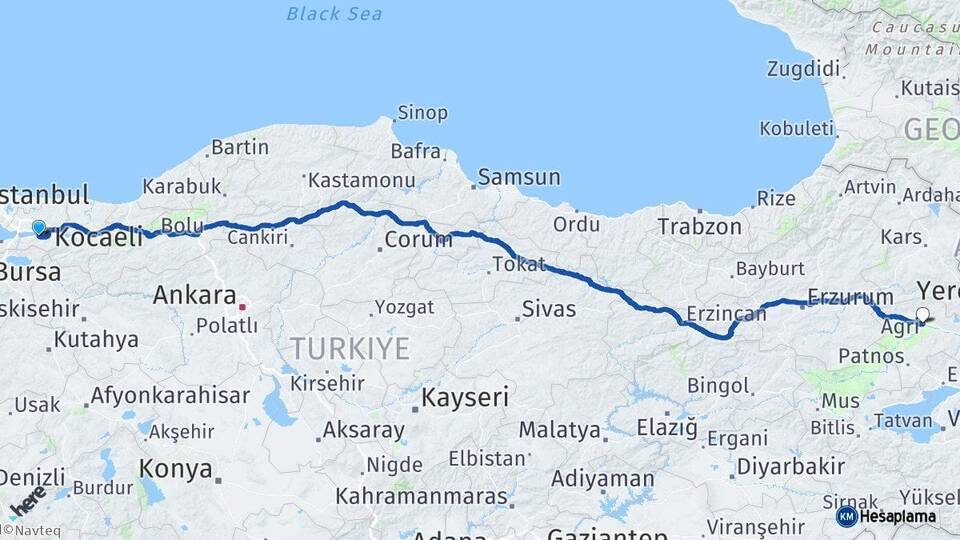 Kocaeli Gölcük Ağrı Arası Kaç Km - Yol Haritası