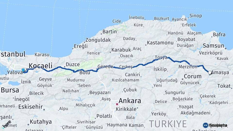 Kocaeli Gölcük Amasya Arası Kaç Km - Yol Haritası
