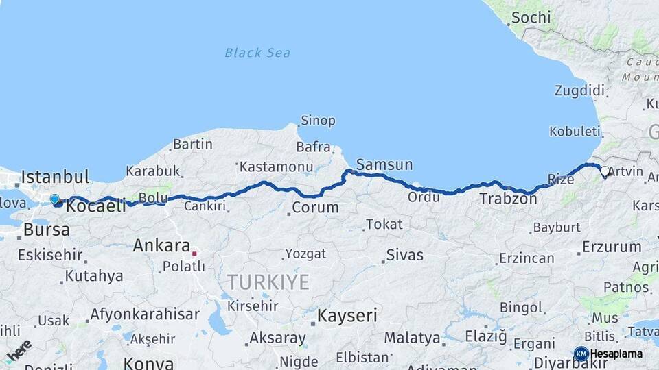 Kocaeli Gölcük Artvin Arası Kaç Km - Yol Haritası