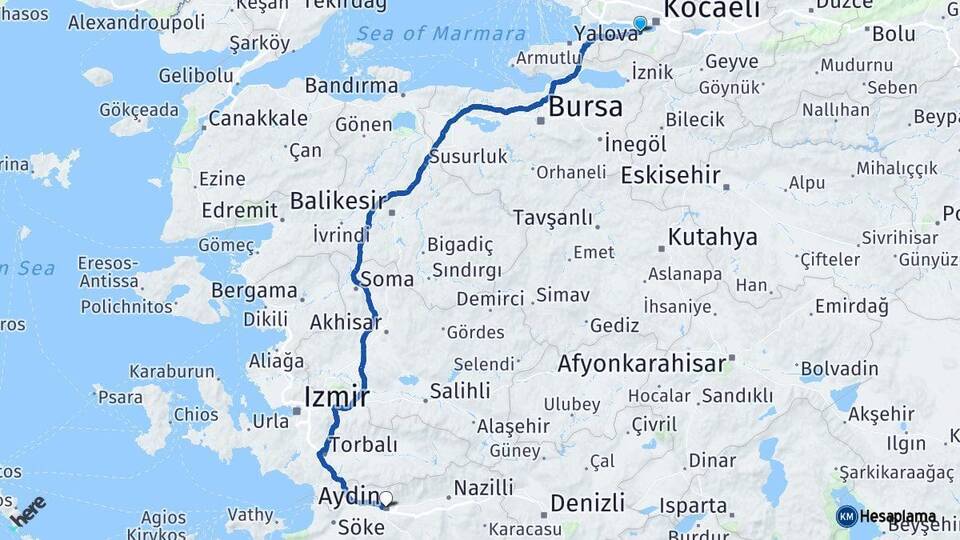 Kocaeli Gölcük Aydın Arası Kaç Km - Yol Haritası