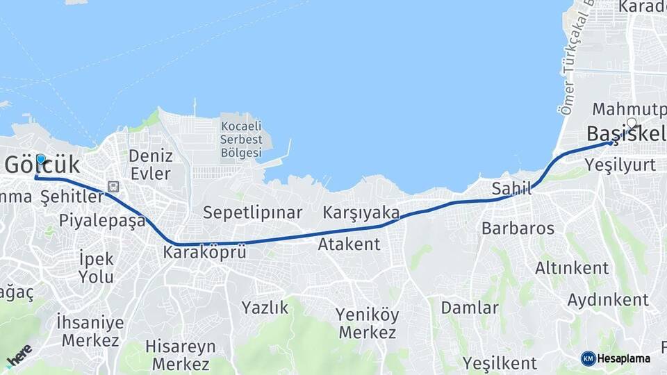 Kocaeli Gölcük Başiskele Arası Kaç Km - Yol Haritası