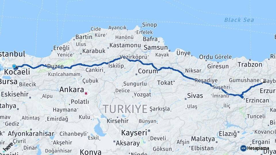 Kocaeli Gölcük Bayburt Arası Kaç Km - Yol Haritası