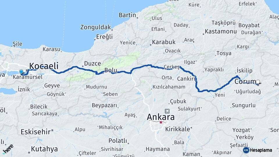 Kocaeli Gölcük Çorum Arası Kaç Km - Yol Haritası