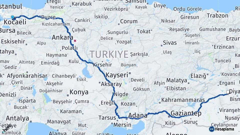 Kocaeli Gölcük Diyarbakır Arası Kaç Km - Yol Haritası
