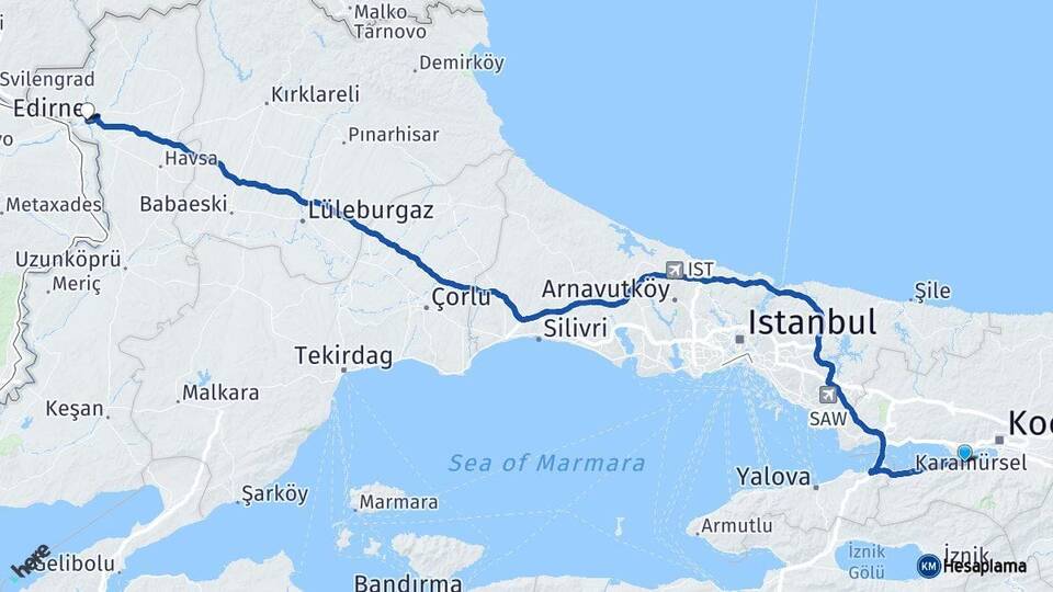 Kocaeli Gölcük Edirne Arası Kaç Km - Yol Haritası