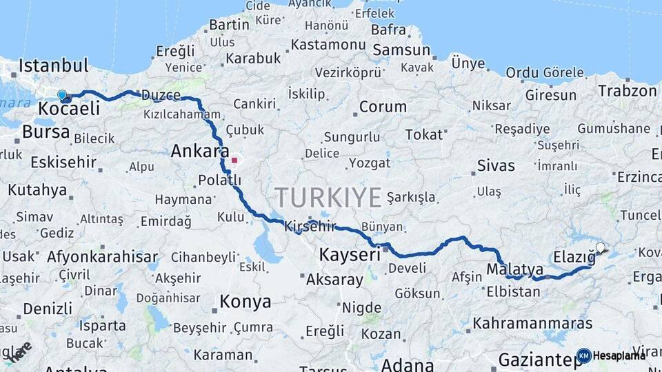 Kocaeli Gölcük Elazığ Arası Kaç Km - Yol Haritası